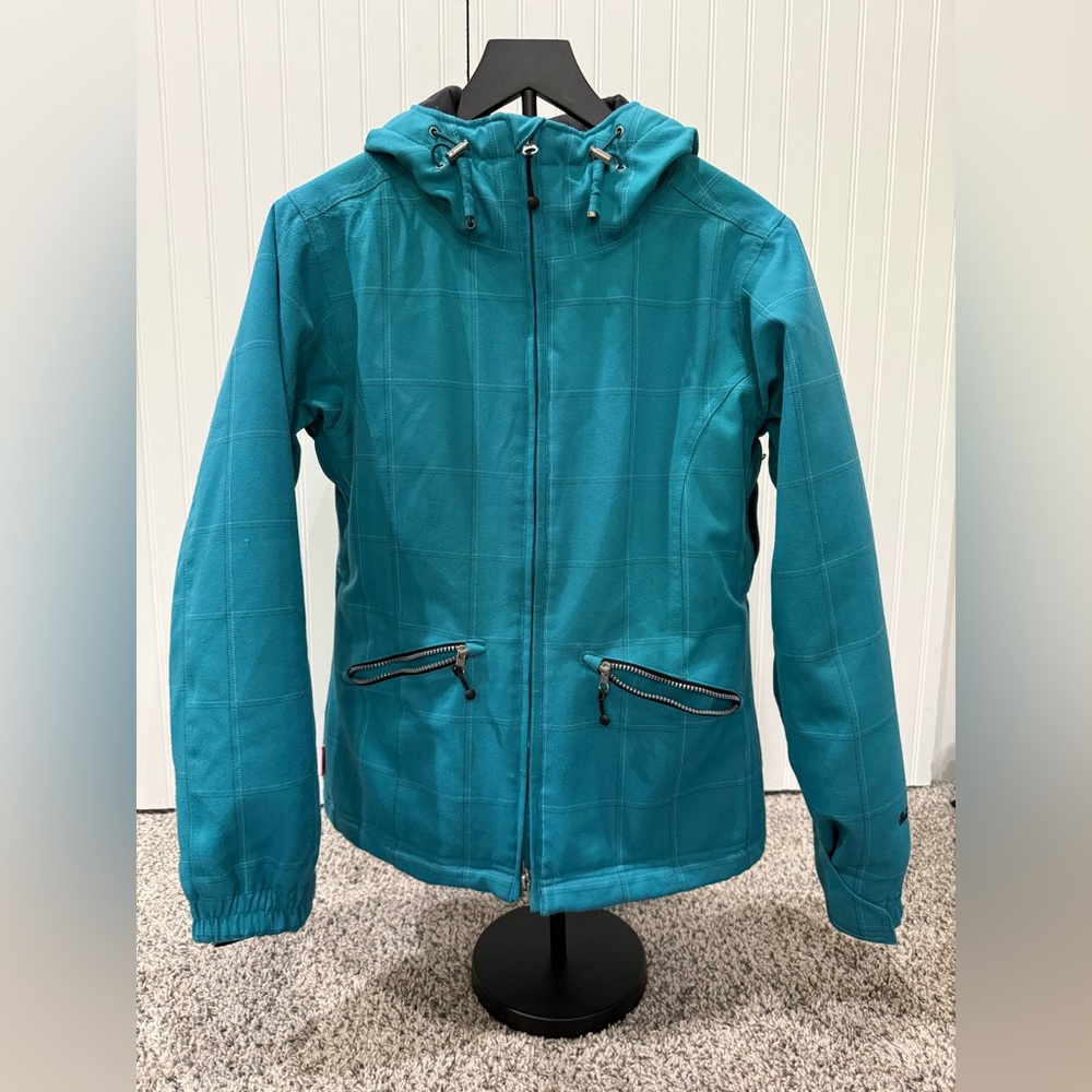 Teal Hooded Snowboard Jacket with Zipper Pockets
